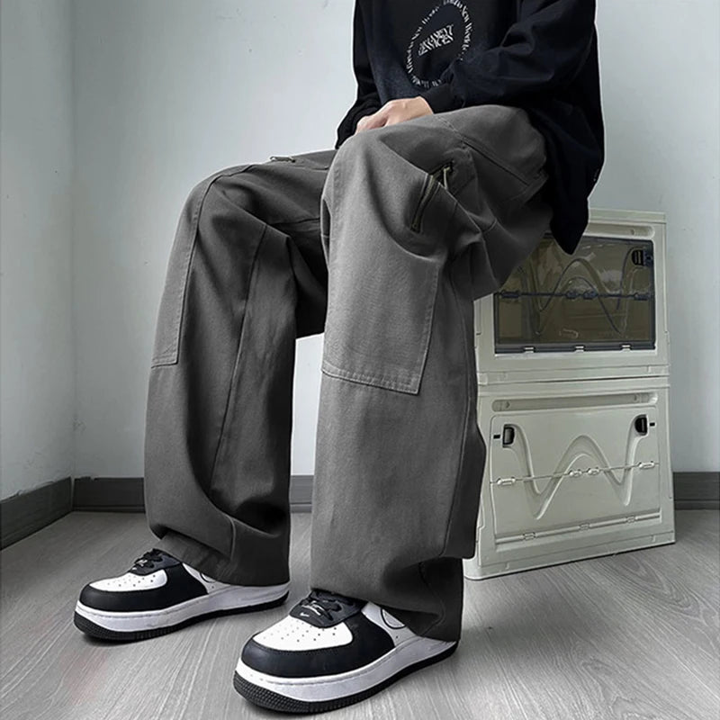 new korean fashion cargo straight pants for men autumn casual zipper pocket drawstring trousers classic tactical y2k pantalones 1 unique cargo style 225