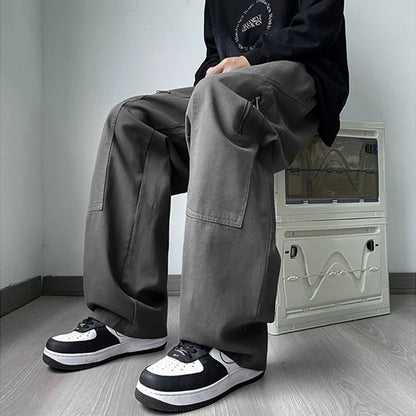 new korean fashion cargo straight pants for men autumn casual zipper pocket drawstring trousers classic tactical y2k pantalones 1 unique cargo style 225
