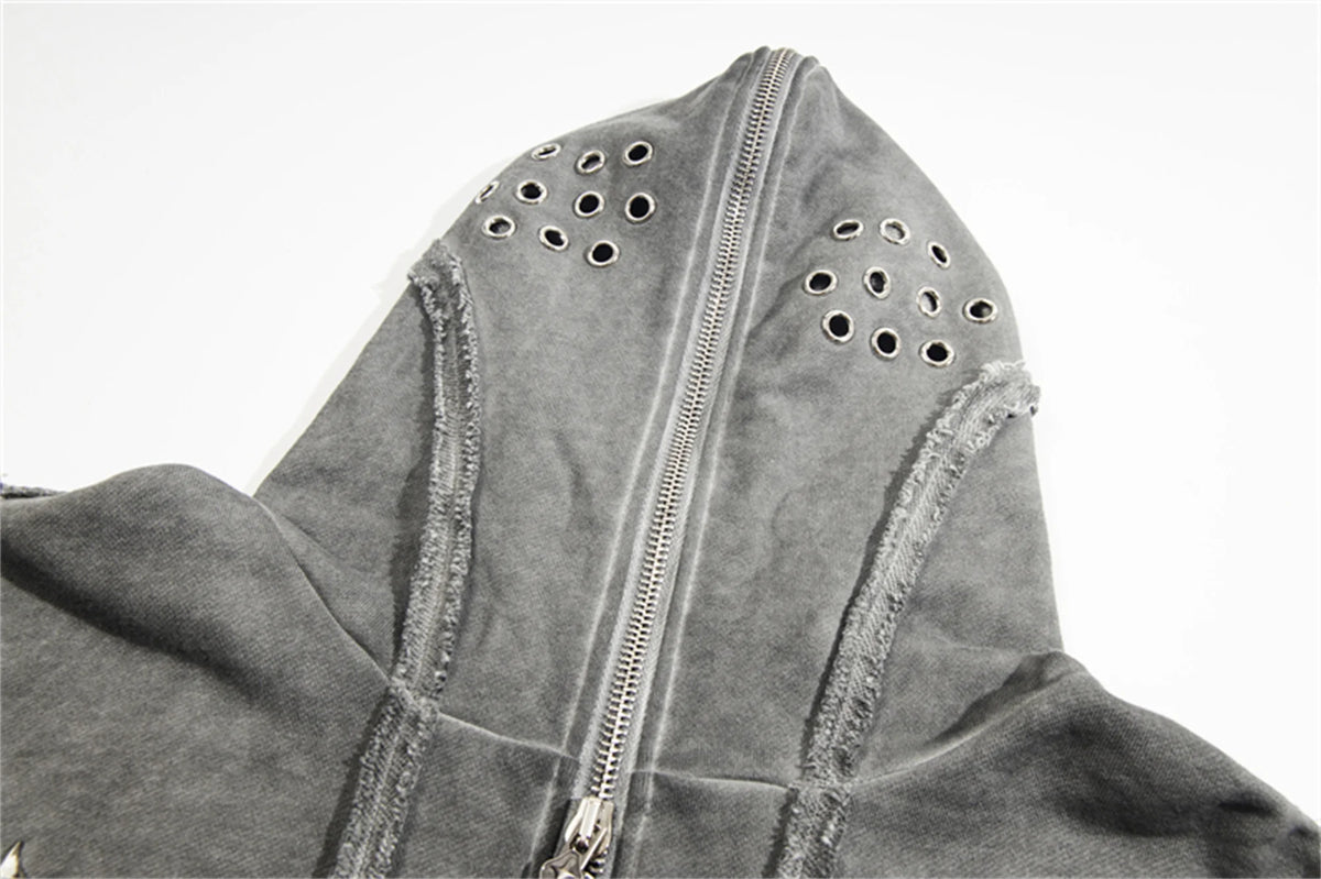 new thug club brand fashion high street vibe style cotton oversized splicing zipper washed distressed grey jacket hoodies clean everyday pants