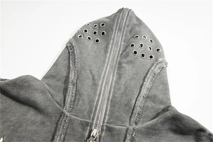 new thug club brand fashion high street vibe style cotton oversized splicing zipper washed distressed grey jacket hoodies clean everyday pants
