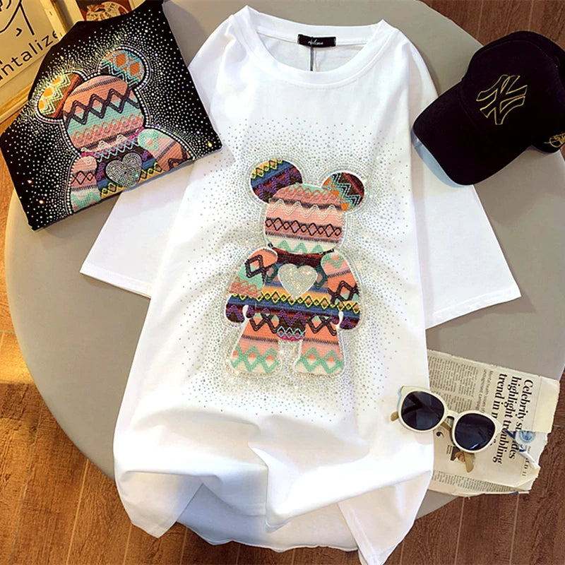 Chic Diamonds Bear Embroidery Cute T Shirts 5XL Oversized Loose Summer Cotton Y2k Tops Japan Kawaii Harajuku White Graphic Tee Street King Limited