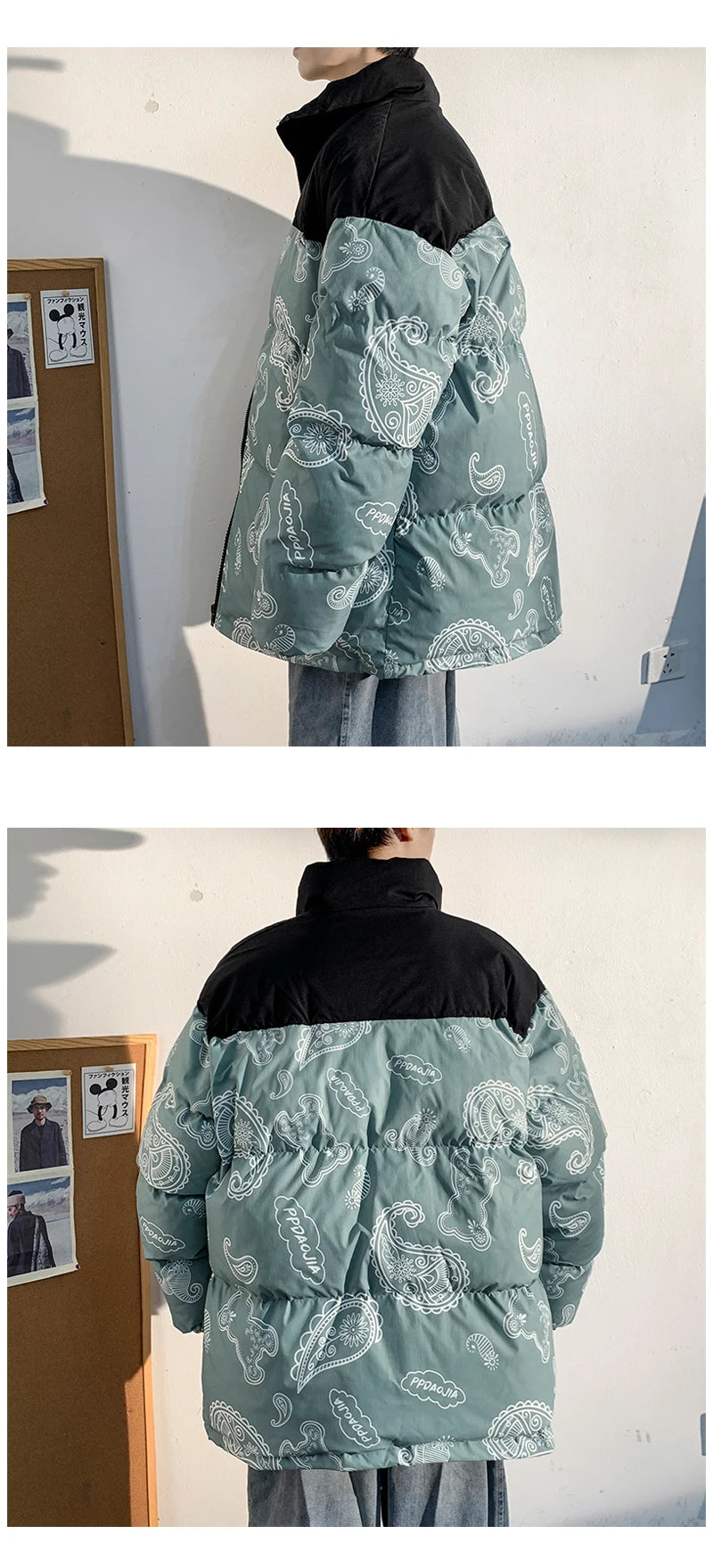 Men Japanese Streetwear Puffer Jackets 2023 Winter Mens Full Print Fashions Bubble Coat Couple Patchwork Thick Parkas Street King Limited