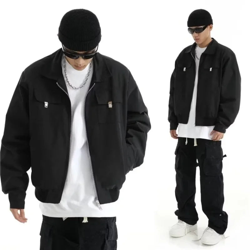 high street tooling bomber jacket mens spring retro double pocket loose short pilot coats lapel zipper khaki baseball jersey relaxed fit shorts