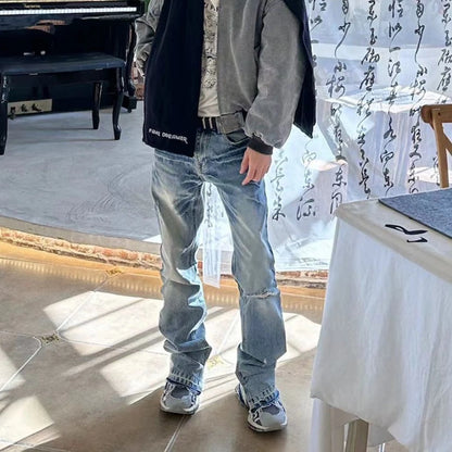 streetwear ropa hombre lightning pattern washed split jeans for men washed pocket baggy casual denim trousers oversized cargos utility cargo pants