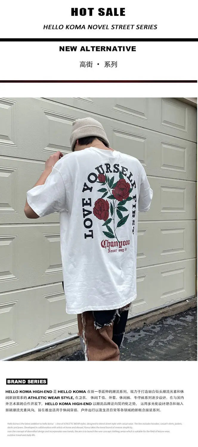 Retro back rose print washed distressed t-shirt national fashion brand pure cotton short-sleeved men's couple wear half-sleeved Street King Limited