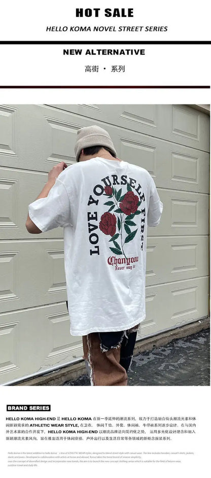 Retro back rose print washed distressed t-shirt national fashion brand pure cotton short-sleeved men's couple wear half-sleeved Street King Limited