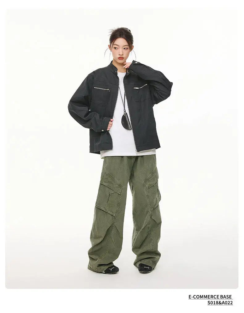 men retro casual stand collar streetwear fashion loose lightweight short motorcycle jacket women spring autumn coat outerwear unique shorts style 415