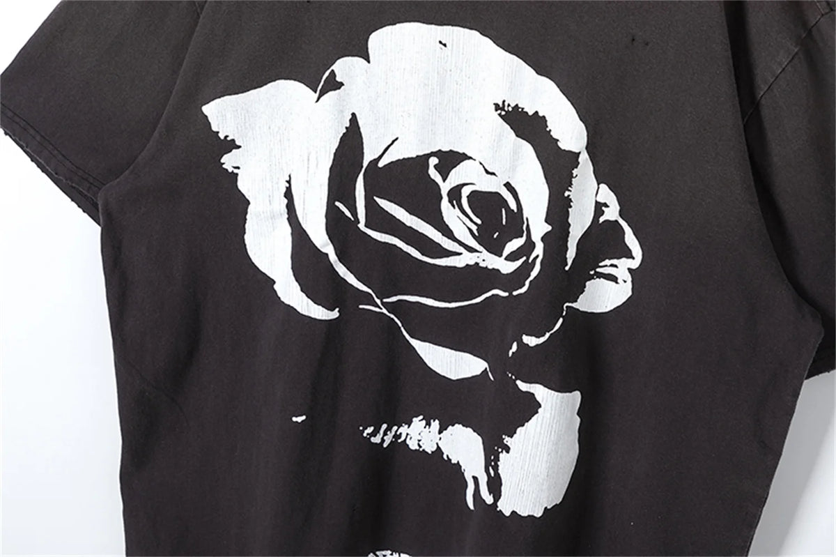 Vintage 90s Old School Style Sunfade Rose Cracking Washed Old Streetwear Printed T-shirt For Men Street King Limited