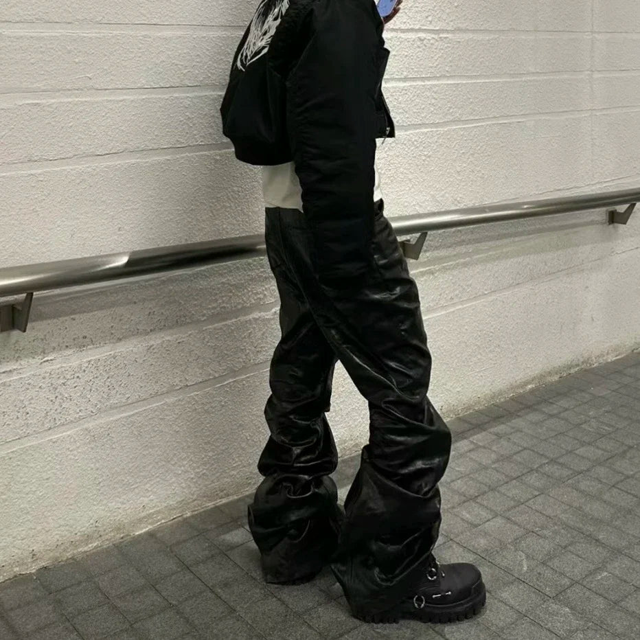 high street wide leg glossy pu leather pants sashes boot cut men and wome straight baggy casual jeans oversized flared trousers unique jeans style 3634