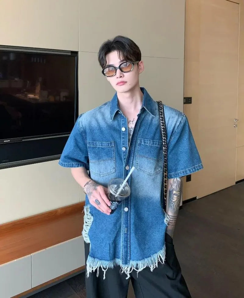 summer trend mens set shoulder padded short sleeved denim shirt quick drying casual pants 2 pcs set american retro street suit unique jeans style 3891