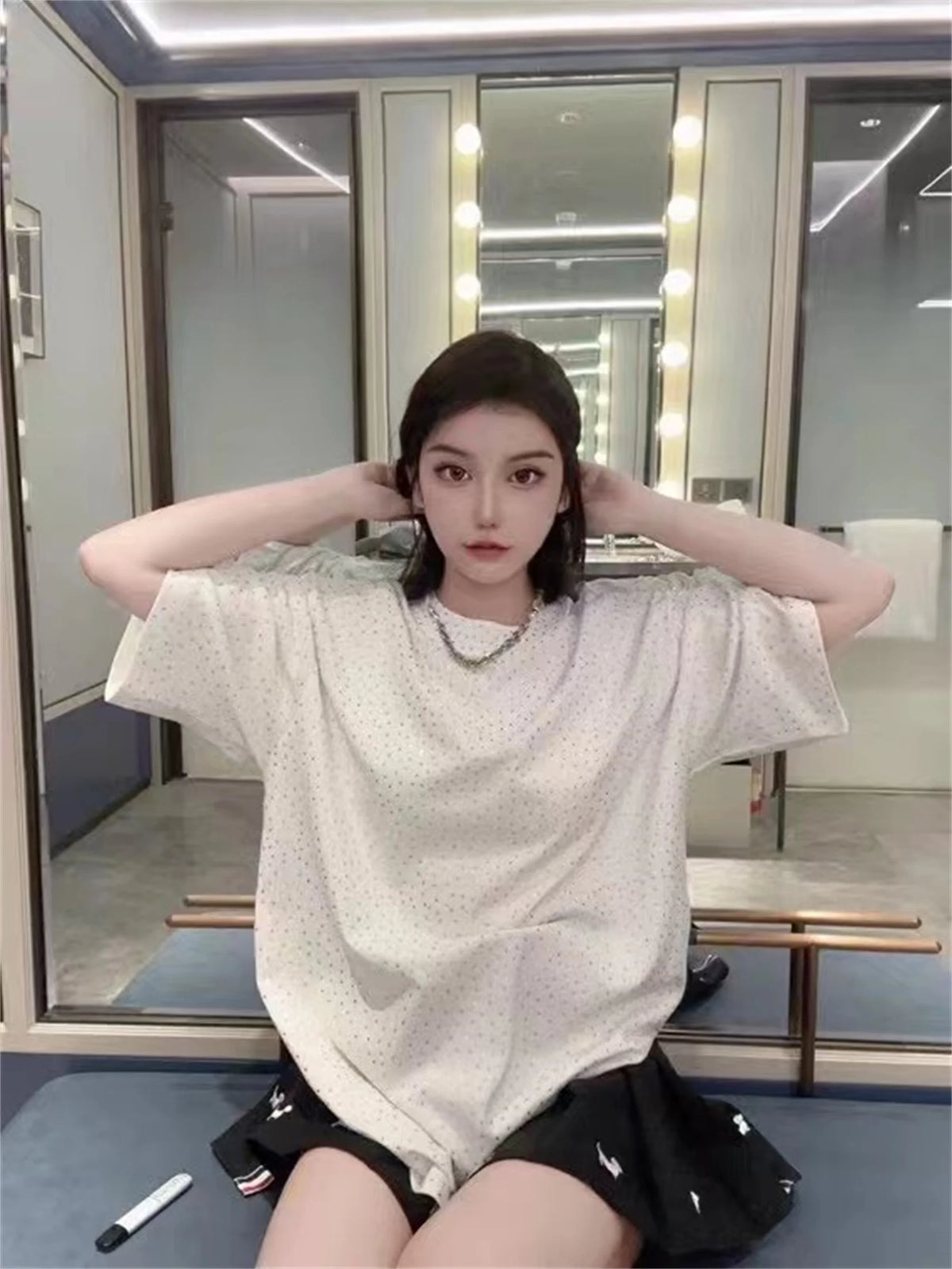BALCG Style Original Heavy duty Starry Sky Washed Olded Starry Sky Rhinestone Oversized Loose Short sleeved T-shirt White Street King Limited
