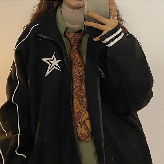 Autumn and winter new Korean star stand collar jacket y2k vintage loose embroidery plush thickened sportswear clothes women Street King Limited