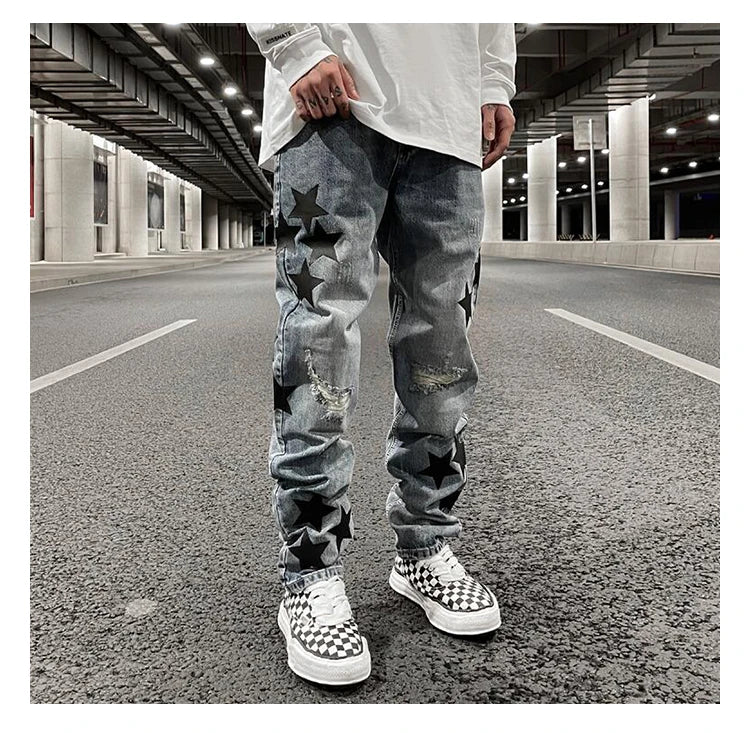 fashion ripped destroied jeans trousers distressed biker jeans with stars high street slim pants joggers denim jeans for men unique joggers style 2248