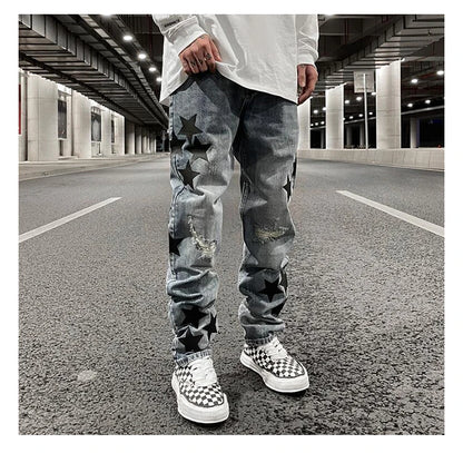 fashion ripped destroied jeans trousers distressed biker jeans with stars high street slim pants joggers denim jeans for men unique joggers style 2248