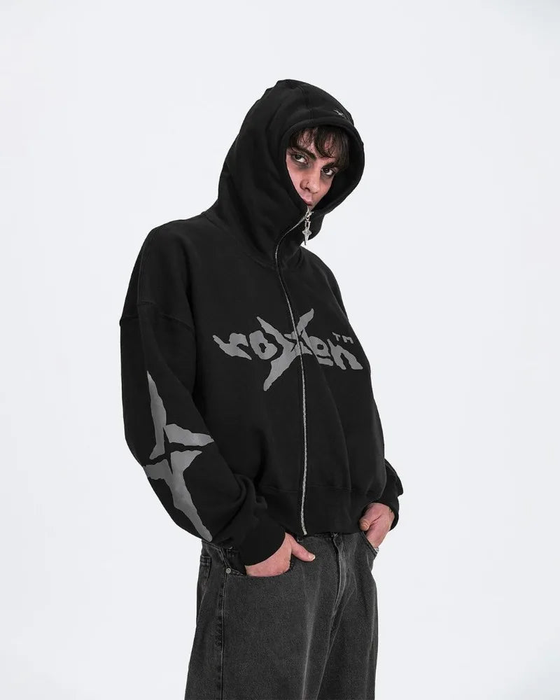American High Street Trendy Brand Retro Pattern Letter Print Oversized Hoodie Men Y2k Goth Hip Hop Loose Zipper Sweatshirt Women Street King Limited