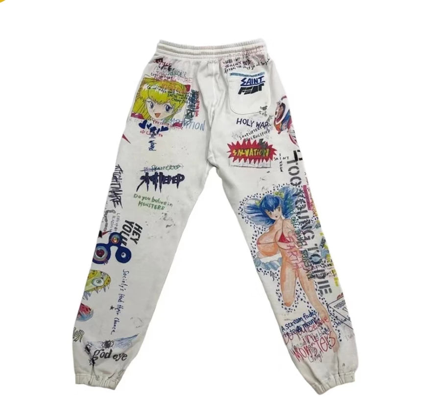 24ss vintage retro graffiti washed worn cotton high street long pants leggings urban fashion pants