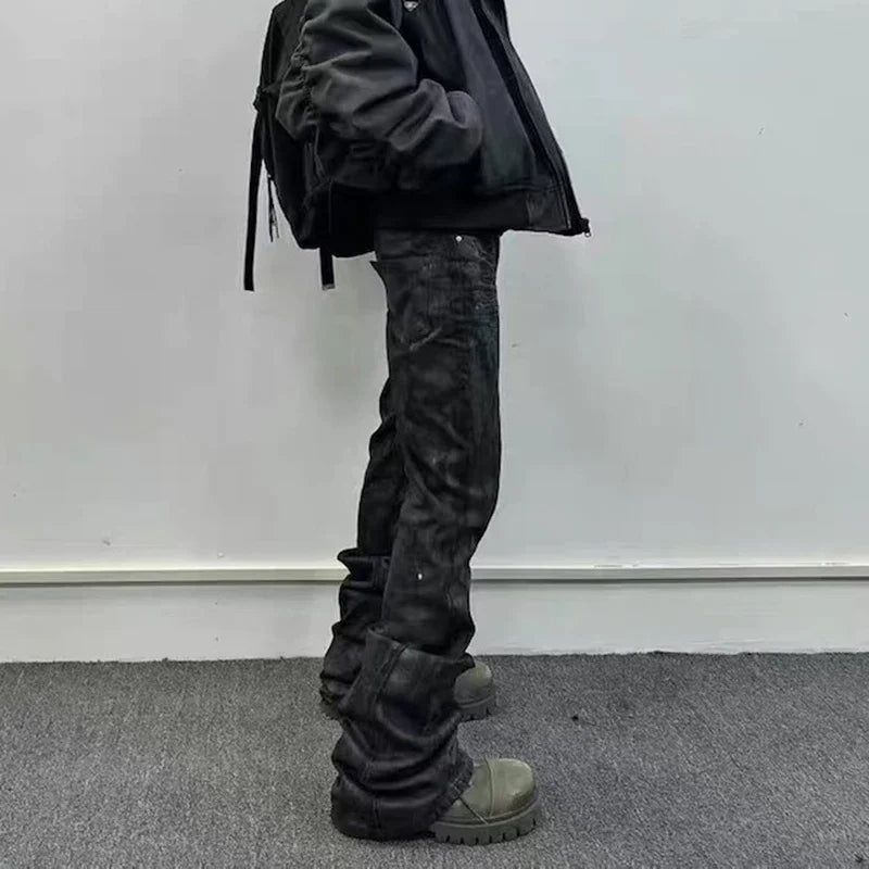 high street hand brushed glue sparkling baggy flare jeans for men y2k pantalones hombre leather pants oversized denim trousers 1 unique jeans style 5413