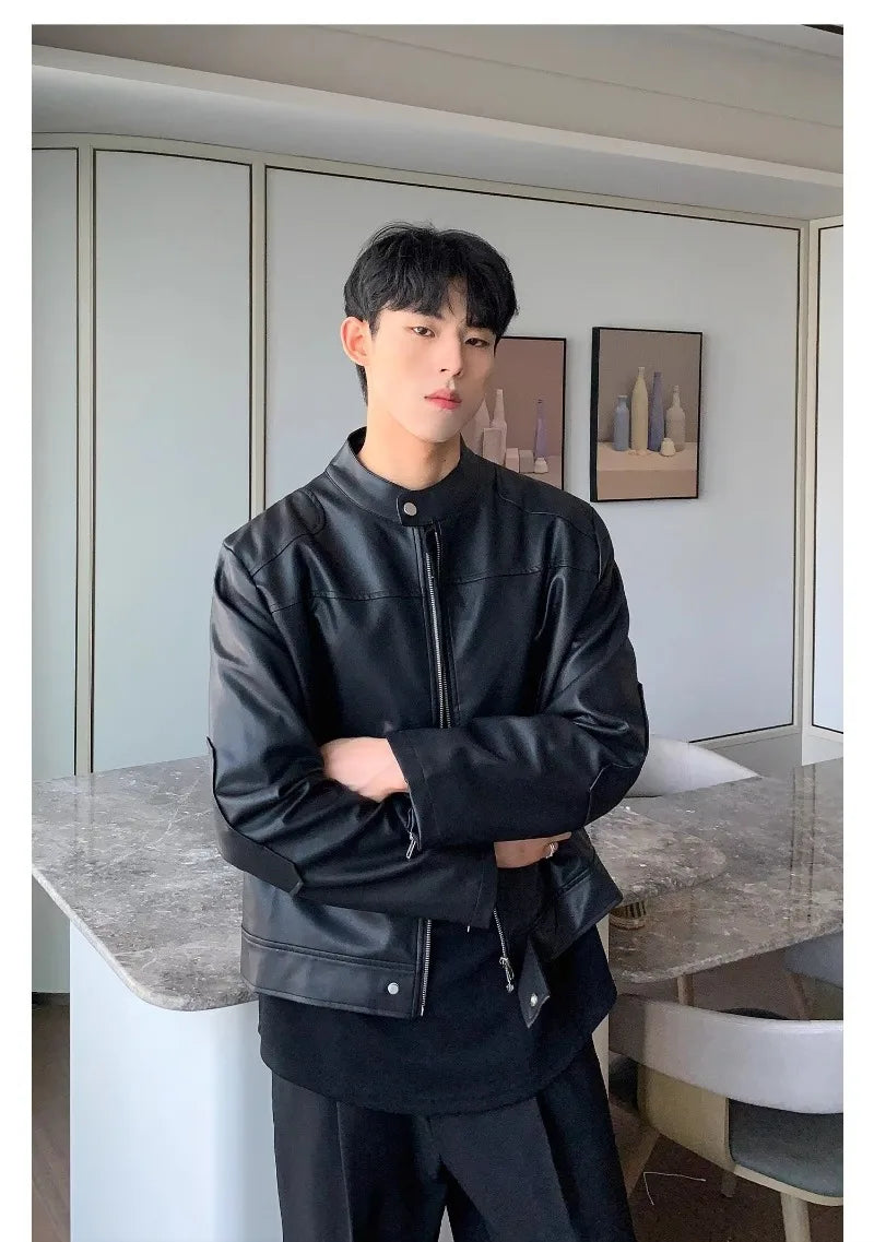 retro american street leather jacket mens autumn 2024 motorcycle standing collar trendy short coat zipper loose bomber outwear unique shorts style 2657