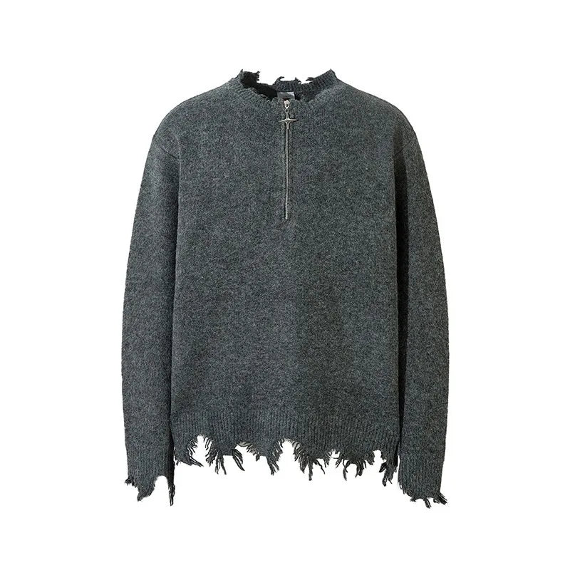 American High Street Mens Sweater 2024 New Autumn Half Zipper Fashion Knitted Tops Damaged Hip-hop Irregular Hem Pullover Street King Limited