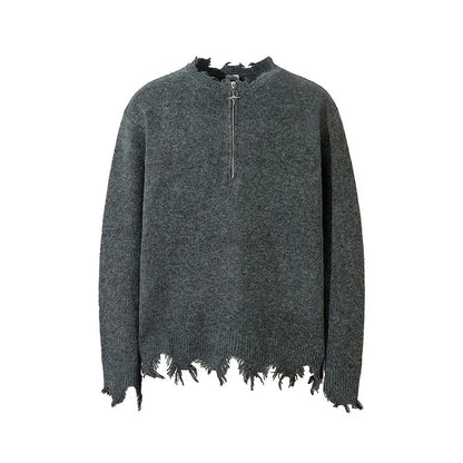American High Street Mens Sweater 2024 New Autumn Half Zipper Fashion Knitted Tops Damaged Hip-hop Irregular Hem Pullover Street King Limited