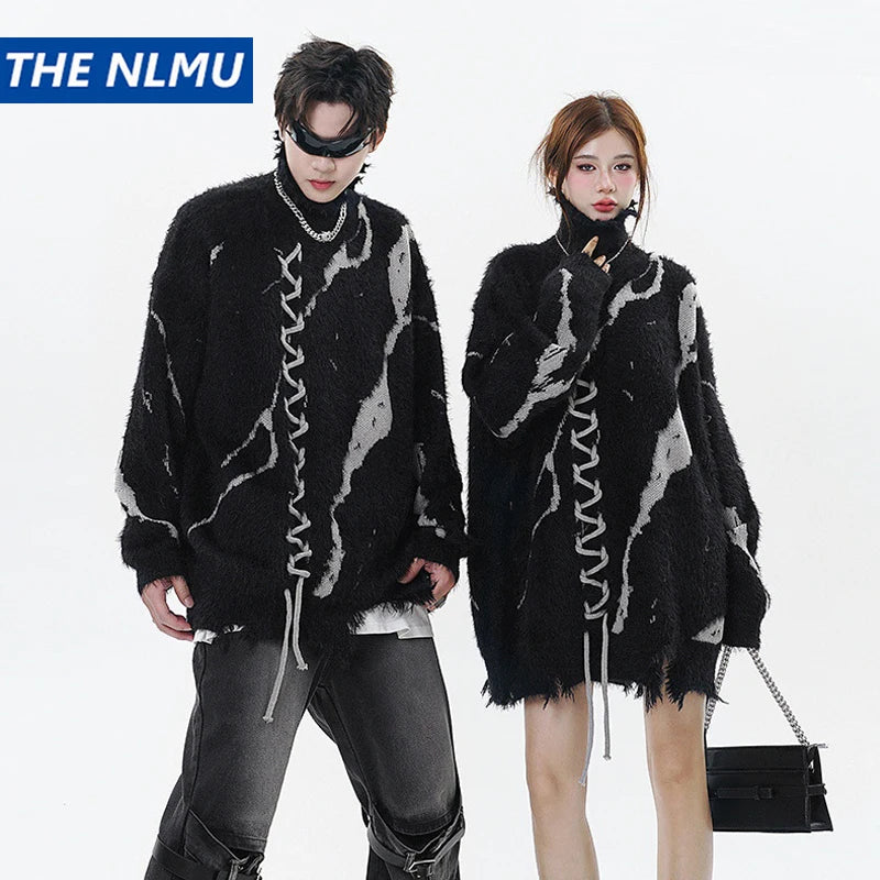Distressed Splicing Turtleneck Sweaters Men Women Pullover Knit Sweater Jumper Fall Winter Hip Hop Streetwear Black Sweater Y2K Street King Limited