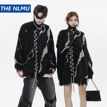 Distressed Splicing Turtleneck Sweaters Men Women Pullover Knit Sweater Jumper Fall Winter Hip Hop Streetwear Black Sweater Y2K Street King Limited