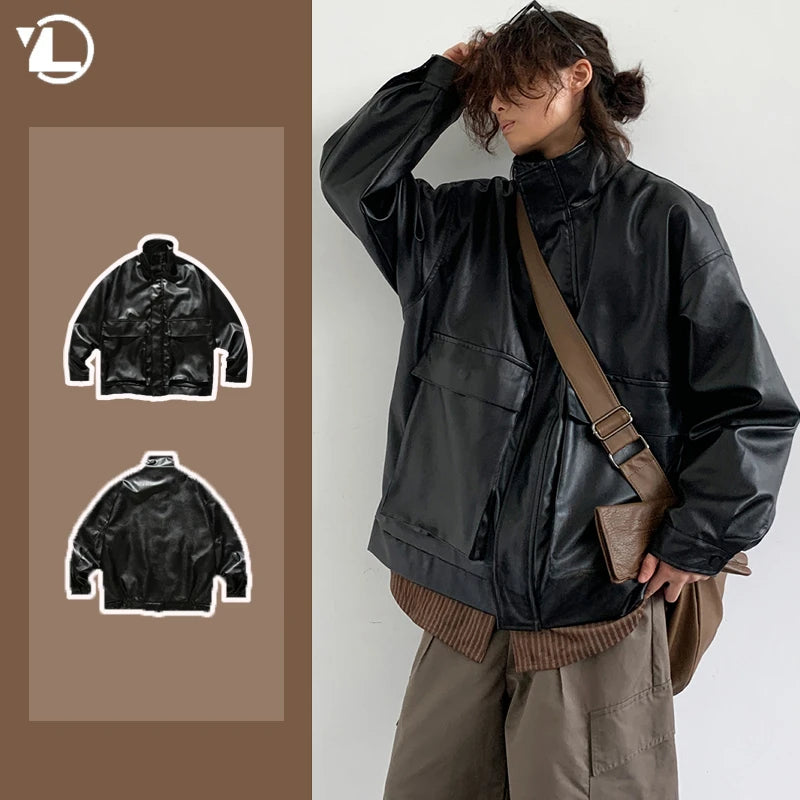 japanese spring pu leather jacket mens high street black profile tooling pilot jacket loose standing collar motorcycle outwear clean everyday pants