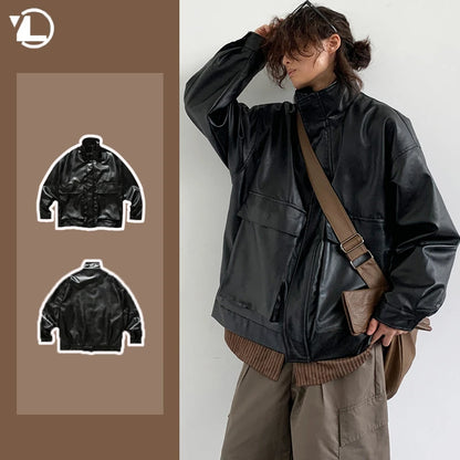 japanese spring pu leather jacket mens high street black profile tooling pilot jacket loose standing collar motorcycle outwear clean everyday pants