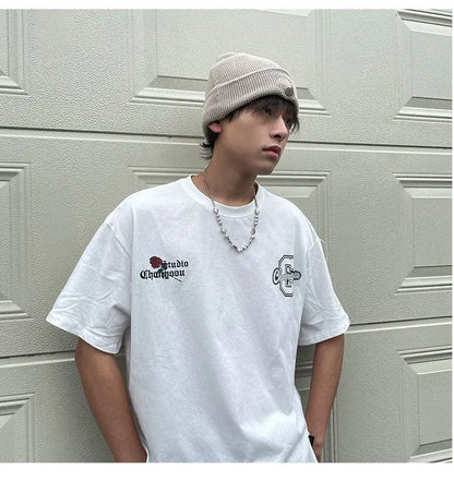 Retro back rose print washed distressed t-shirt national fashion brand pure cotton short-sleeved men's couple wear half-sleeved Street King Limited