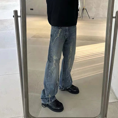 string lace up frayed washed pantalones hombre baggy blue jeans for men y2k streetwear washed casual denim trousers oversized unique jeans style 3230
