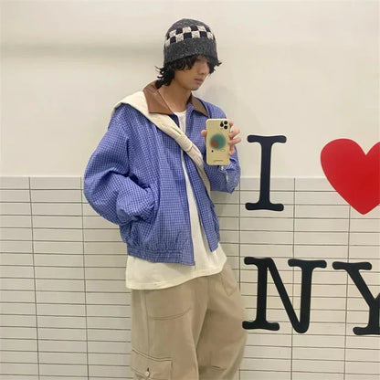 2024 autumn high street plaid jackets for men casual y2k vintage streetwear zipper coats hip hop fashion motorcycle jacket unique default style 1543