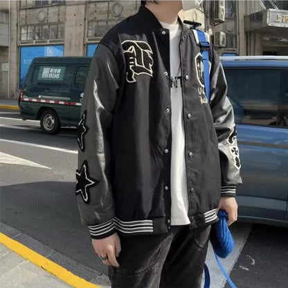 american retro mens baseball uniform street harajuku patchwork leather loose jackets color block towel embroidery trend coats unique default style 2921