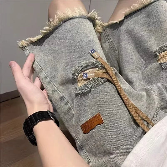 summer y2k vintage denim shorts for men streetwear ripped short jeans drawstring baggy wide leg bermuda blue shorts pants vintage washed jeans