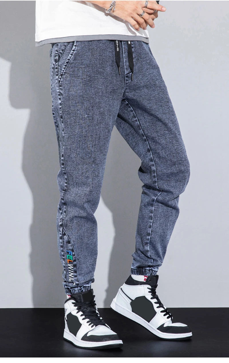 rainbowtouches autumn winter blue cargo jeans men streetwear denim jogger pants baggy harem jean trousers male oversize large unique joggers style 3367