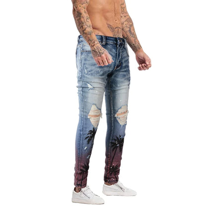 high street printed ripped holes denim jeans mens casual slim fit biker zipper trousers streetwear hip hop jean pants joggers relaxed fit joggers