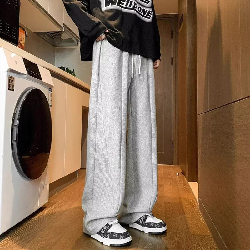 winter mens gray thickened straight leg sweatpants 2025 high street baggy drape pants korean fashion y2k casual trousers sporty tapered joggers