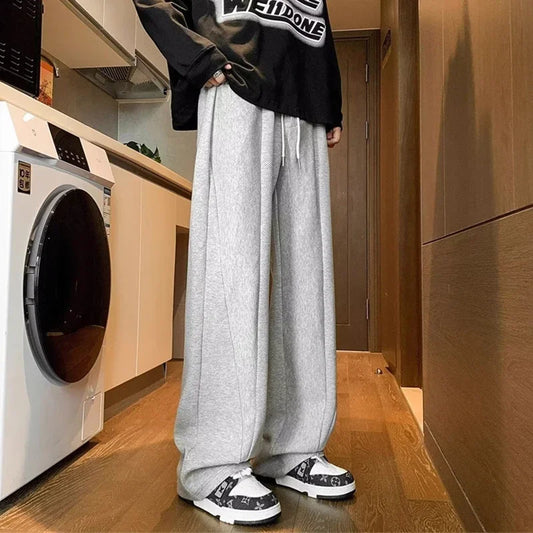 winter mens gray thickened straight leg sweatpants 2025 high street baggy drape pants korean fashion y2k casual trousers sporty tapered joggers