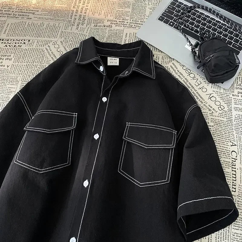 Retro trendy and personalized unisex style short sleeved men and women summer Korean street loose lapel couple work top y2k Street King Limited