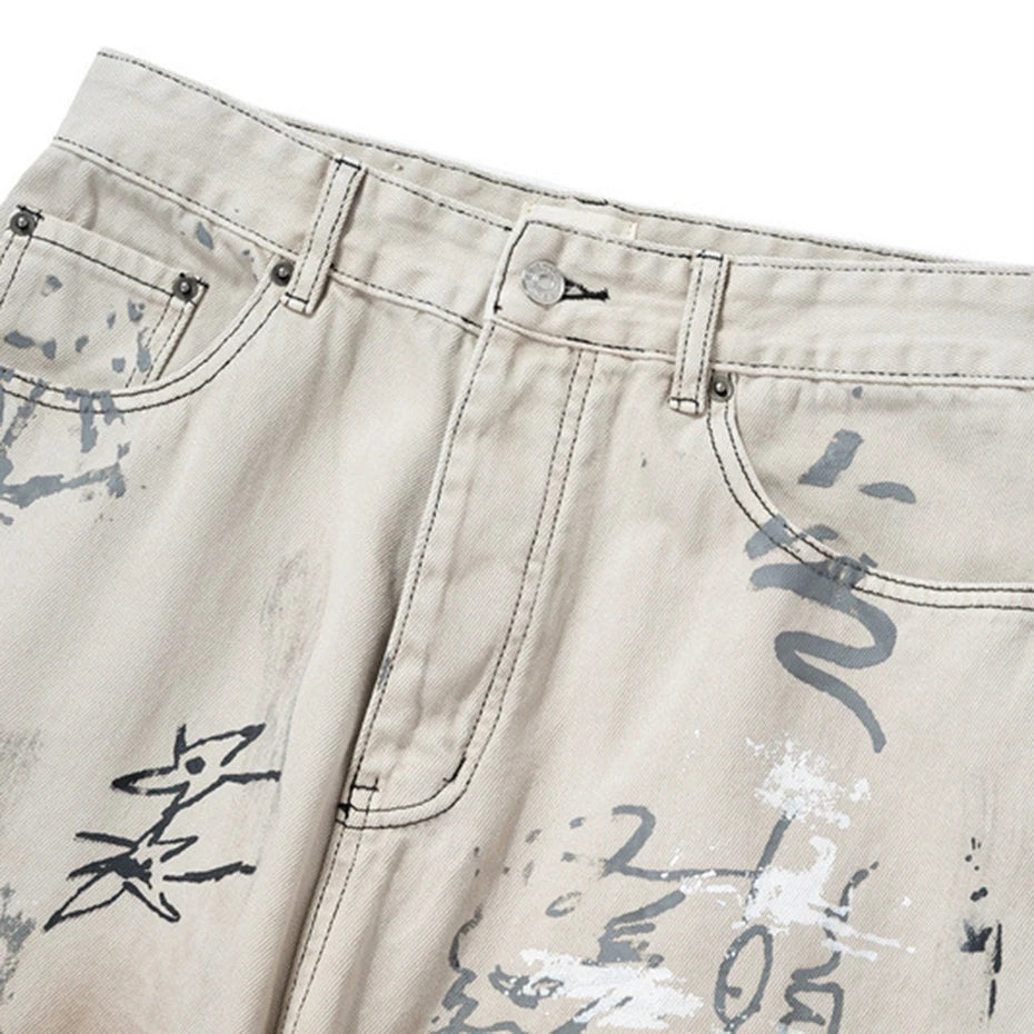 men hip hop baggy jeans graffiti printed loose straight denim pants dirty washed streetwear fashion jeans trousers white urban skinny jeans