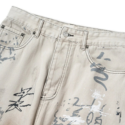 men hip hop baggy jeans graffiti printed loose straight denim pants dirty washed streetwear fashion jeans trousers white urban skinny jeans