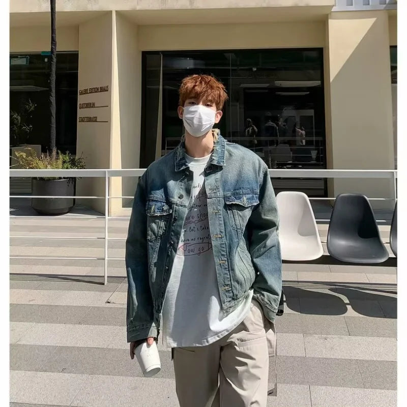high street washed denim jacket mens trends new spring streetwear single breasted casual hip hop coats loose cowboy outwear ripped baggy denim