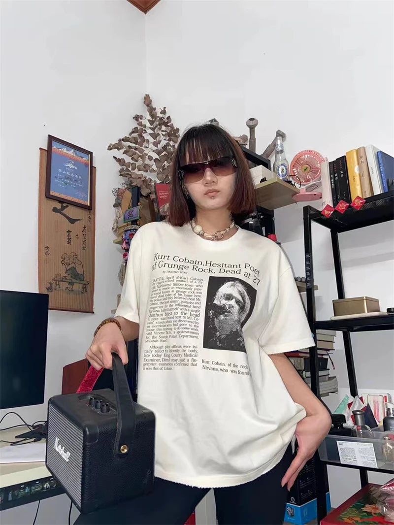 Vintage Band Cobain Portrait Print Heavyweight Short Sleeve High Street Casual Loose Cotton 90S Rock T-shirt High-quality Tops Street King Limited