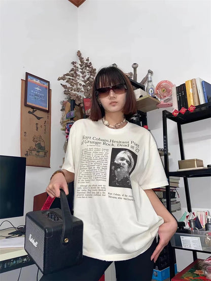 Vintage Band Cobain Portrait Print Heavyweight Short Sleeve High Street Casual Loose Cotton 90S Rock T-shirt High-quality Tops Street King Limited