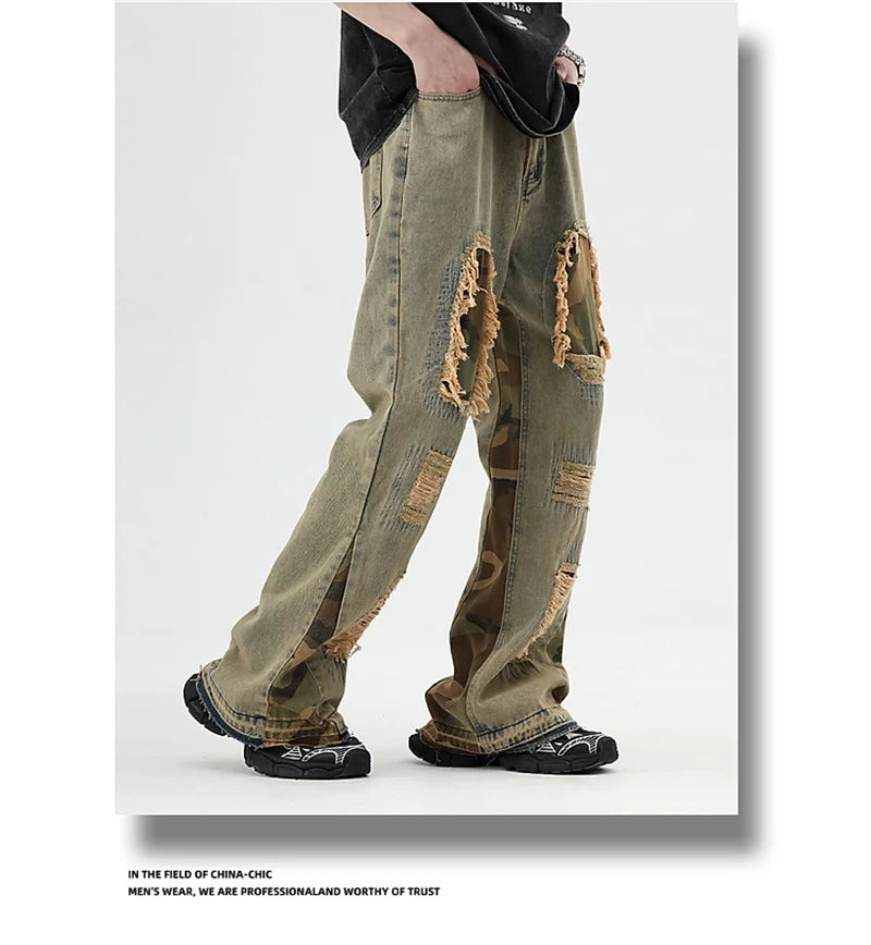 hip hop camouflage ripped patchwork denim pants for men y2k vintage streetwear wide leg jean 2025 new distressed baggy jeans unique jeans style 317