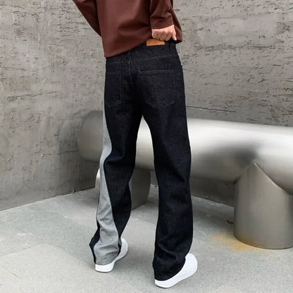men streetwear splice denim fashion brand hip hop loose casual straight jeans pant cityboy deep blue y2k jeans trousers for men unique jeans style 1758