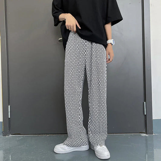 Summer Pleated Pants Men Fashion Casual Plaid Pants Men Streetwear Korean Loose Straight Ice Silk Pants Mens Plus Size Trousers Street King Limited