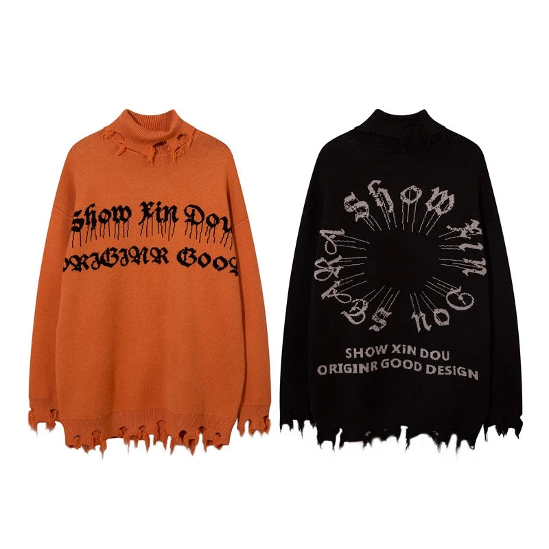 Half High Collar Goth Women Men Sweaters Oversized Long Sleeve Knitted Pullovers Y2k Men Ripped Sweater Harajuku Streetwear Tops Street King Limited