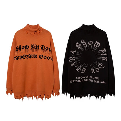 Half High Collar Goth Women Men Sweaters Oversized Long Sleeve Knitted Pullovers Y2k Men Ripped Sweater Harajuku Streetwear Tops Street King Limited
