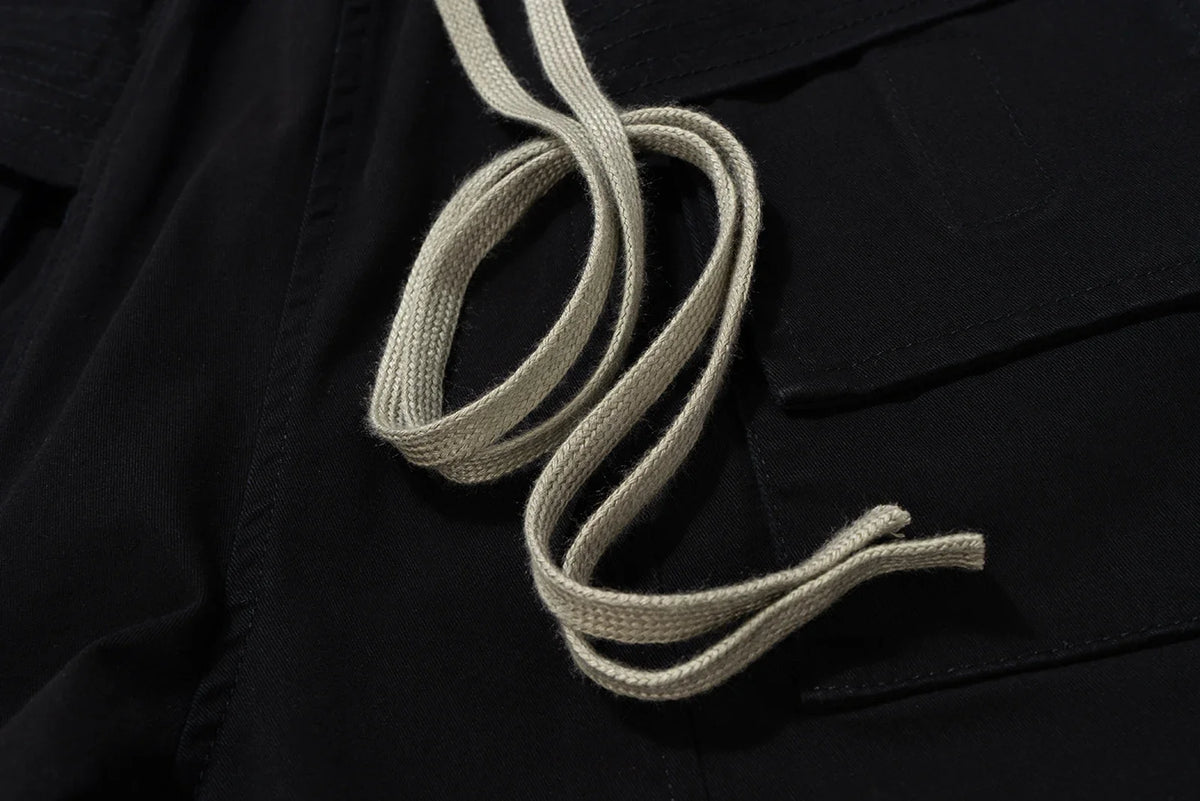 ro style double pockets drawstring wide leg cargo pants for men and women straight black baggy trousers oversized unique cargo style 4152