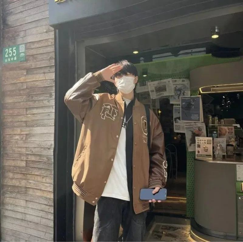 american retro mens baseball uniform street harajuku patchwork leather loose jackets color block towel embroidery trend coats unique default style 2927